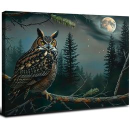 Owl Atmosférico bosque de lienzo - estampado de arte de pared de decoración del hogar