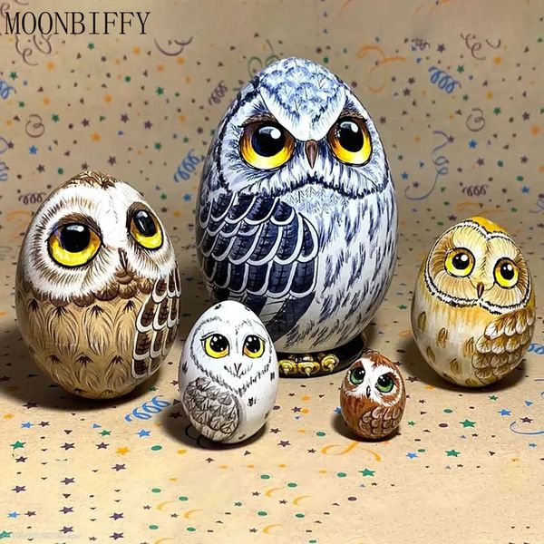 Figurines de hibou miniatures, ensemble d'artisanat d'œufs de nidification, poupées Matryoshka, jouet d'art en bois fait à la main, cadeau d'anniversaire de Pâques pour enfants a40 231225