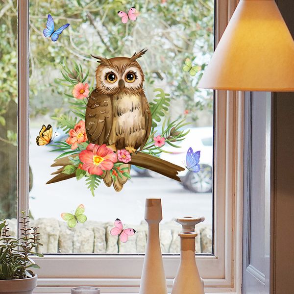 Hibou fleur branche Stickers muraux salon fenêtre en verre décoration de la maison murale chambre décor auto-adhésif animaux décalcomanies