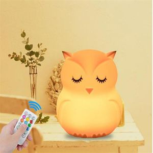 Owl LED Night Light Touch Sensor Remote Control 9 Colors Dimmable Timer USB Rechargeable Silicone Bedside Lamp for Children Baby256r
