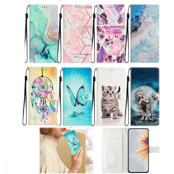 Fundas de billetera de cuero geométricas de mármol para iPhone 15 14 Plus 13 12 11 Pro Max XR X 8 7 6 Geometría Flor Mariposa Gato Lobo Dreamcatcher Flip Cover ID Ranura para tarjeta Bolsa