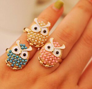 Bague en perles de hibou pour femmes, mélange de couleurs mignonnes, Style coréen, bijoux pour filles, cadeau, nouvelle collection, vente en gros, bleu, blanc, rose