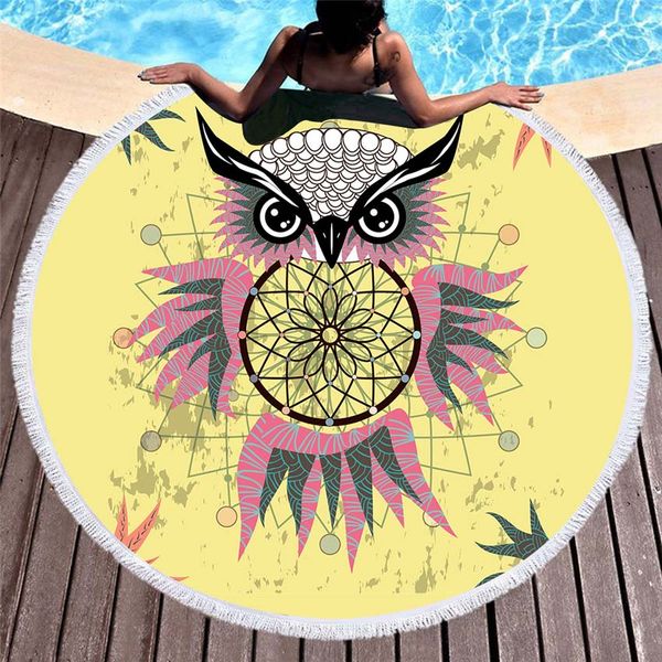 Hibou été rond serviette de plage bord de mer tapisserie murale capteur de rêves couverture bain serviettes de sport Bikini couvrir serviette