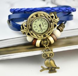 Owl Tag Armband Horloge Dierlegering Hanger Horloges Dame Persoonlijkheid Stalen Dial Leren Horloge Voor Kerstcadeau