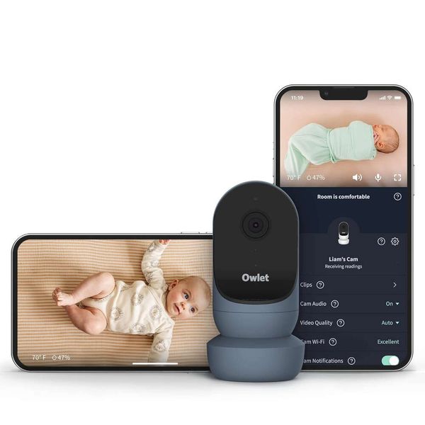 Cámara de monitoreo de bebé inteligente de color azul de Owlet Cam 2 cama de cama - Audio de video HD, visión nocturna, zoom 4x, alertas de Sound Cry