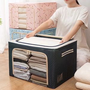 Boîte de rangement pour vêtements en tissu Oxford avec cadre en acier, sac pliable, fenêtre transparente, fermeture éclair pour vêtements, draps, couverture avec poignées 240125