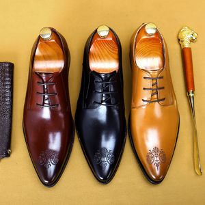 Oxford veter heren echte formele lederen schoenen huwelijk brogue business oxford feestschoen zwart kaki puntige teen jurkschoen
