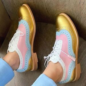 Oxfords 35 ~ 43 Big Size Vintage Britse stijl Oxfords Round Toe Gold Green Pink Lady Lace Up Brogues Loafers Casual schoenen voor vrouwen