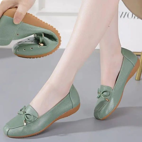 Oxfords Fashion Round Toe Bow Flat Zapatos Mujer 2024 Autumn Mother Breathable Comunor suave de cuero informal Zapatillas Mujer