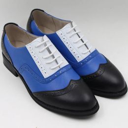 Oxfords en cuir authentique couleurs mélangées bleu blanc vintage chaussures oxford femmes bullock derby chaussures plats skor quatre saisons chaussures oxford femme