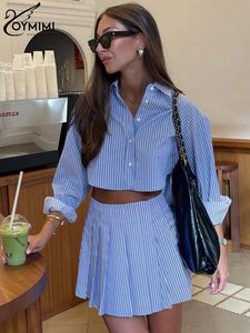 Oymimi Elegant Blue Striped Print Sets for Women 2 Pièces Fashion Long Manche Button Crop