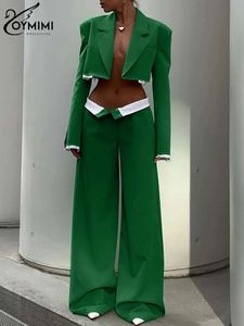Oymimi Fashion Green Patchwork Tweedel set voor vrouwen Elegante revers met lange mouwen Crop -shirts en rechte broek Sets met rechte lengte 240426