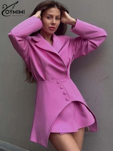 Oymimi Fashion Pink Tweedel Set for Women Elegant Turn Down Collar Long Sleeve Shirts en High Taille Button Mini Sets Sets 240426