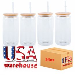 US/CA VOORRAAD 16OZ Mokken Bier Kan Vormige Bamboe Deksel Cups Bubble Thee Boba Isolatieglas Tumbler met Deksel En Stro Indivial Pack