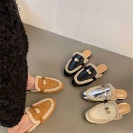 Oz Mules chaussures fourrure laine cuir véritable version coréenne de petits pains à fond à la mode semi-peluche unique et vêtements d'hiver en peluche et coton chaud un pied