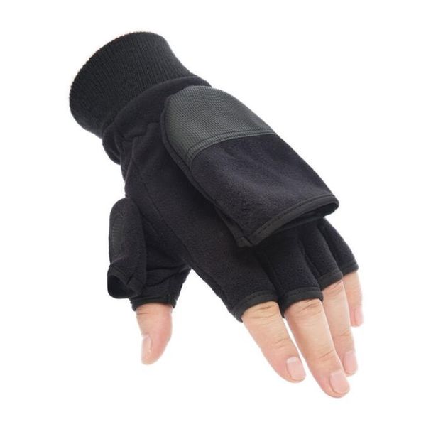 Ozero Unisex invierno cálido polar Guantes deportes al aire libre Sin dedos Convertible Esquí duradero cuero plam Guantes Manopla A prueba de viento Ciclismo Guante térmico de felpa