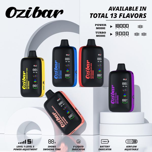 Ozi Bar Gem Bar Pulse 18000 Puff 15k Full Screen Double Mesh Coil 5-Level Réglage Meloso Disposable Vape Device Air Flow Control Power Turbo Modes E-Cigarette