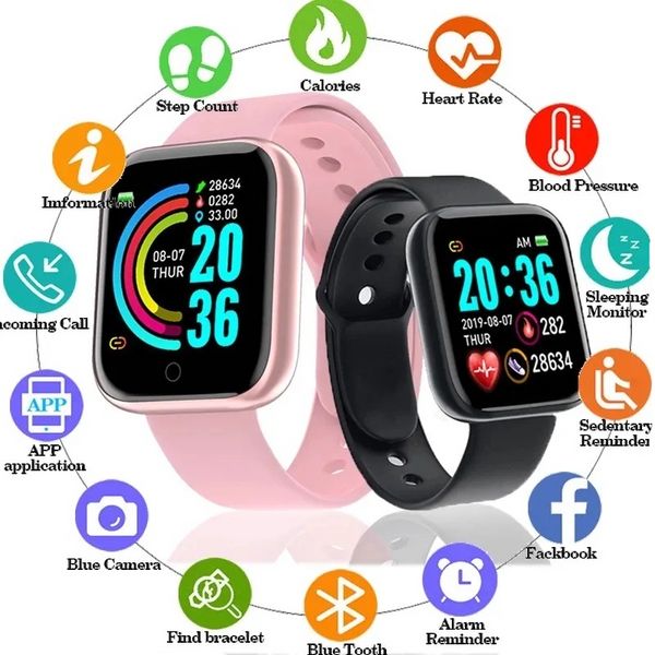 P 2024 Macaron Color Y68 Smart Watch Fitness Presión de la presión arterial Monitor de la frecuencia cardíaca Podómetro Cardio Cardio Men Women Smart Watch para iOS Android