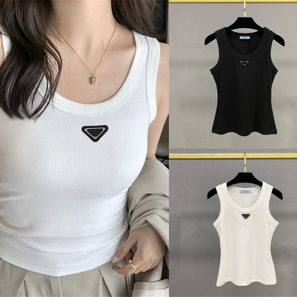 P-RA Original Designer Femmes Débardeurs Camisoles Tops Été Mode Filles Blanc Noir Coton Côtelé Camisole Marques Tricots T-shirts Sans Manches T-shirts Lady Slim Gilets