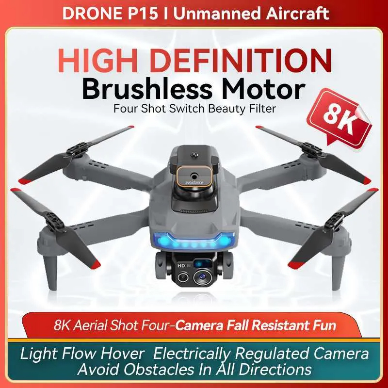 P15 Mini -Drohne GPS 8K HD Profisional 4 Kameras Hindernisvermeidung 5000 m faltbare UAV -optische Fluss schweben+GPS+8K Elektrisch einstellbares Vier Objektiv+bürstenloser Motor