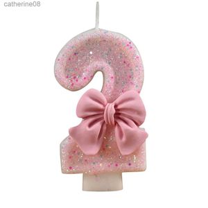 P16E Bougies 3d Numéro de gâteau Cougies Cougies paillettes Pink Bow Digital Cake Topper Birthday Party Memorial Day Party Cake Decoration D240429