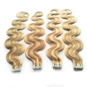 P27 / 613 Piano Color Remy Tape Dans Les Extensions De Cheveux Humains Vague De Corps Droite 18 20 22 24 pouces Trame De Peau Blonde Extensions De Cheveux Sans Soudure 100g