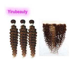 Yirubeauty – double trame ondulée profonde P4/27, lot de 3 avec dentelle frontale 13x4, partie libre, couleur piano, 10-30 pouces