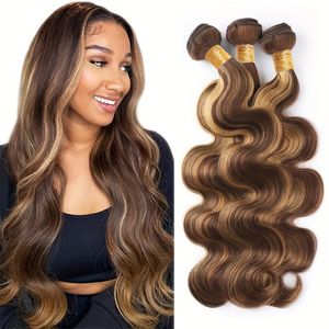 P4/27 Hoogtepunt 3.53oz Braziliaanse lichaamsgolf Haar Weefbundel Remi Human Haarextensions Cabelo Humano Virgem Gekleurde bruine honing Blonde dubbele inslag voor vrouwen 12-28inch