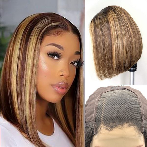 Perruque Bob Lace Front Wig naturelle lisse, cheveux humains, 4x4, 13x4, P4/27, couleur Piano, 8 ~ 16 pouces, longue, densité 180%, RQY4339