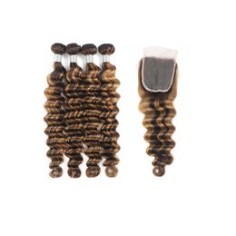 Extensions de cheveux humains indiens vierges couleur piano P4/27, lot de 4 avec fermeture en dentelle 4x4, partie libre, 5 pièces