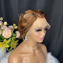 P4 / 27 Korte Bob 13x1 Transparante Kant Pixie Cut Pruik Lijmloze Golvende Pre Geplukt Menselijk Haar Pruiken voor Vrouwen