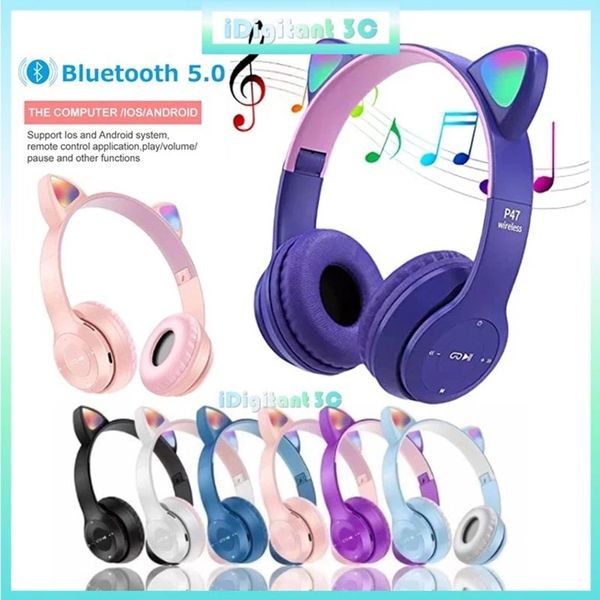 P47M écouteurs de téléphone portable sans fil LED Flash Light Cute Cat Ear Bluetooth-compatible Casque Pliable Portable Gaming Headsets Fille Cadeau