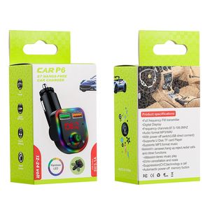 Chargeur de voiture P6 Bluetooth Hands liding FM Transmetteur 3.1a Double USB Amosphère colorée lumières sans fil voiture MP3 Chargeur de voiture à charbon rapide pour tous les smartphones