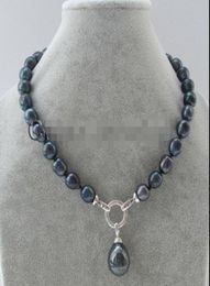 P671218quot Collier de perles d'eau douce baroques noires de 13 mm, pendentif en perles de coquillage 1560195