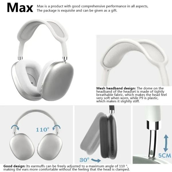 Écouteurs de téléphones portables P9 Max Écouteurs sans fil Bluetooth Bluetooth Stéréo HiFi Super Bass Headset Chip HD Mic Air50 Max Air3 Air4 Max Air Pro 3