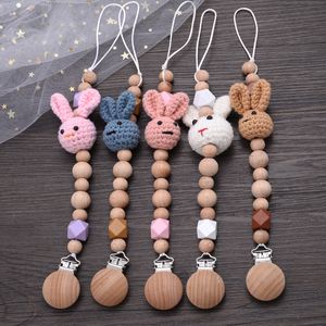 Pacifier Holders Clips# Baby Beech Handmade Tentether Chain Cartoon Rabbit Wood Clips Nipple Clip kinderziektes Chew Toys 230421