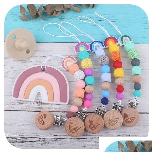 Chupetes Clips # Baby Chain Holders Infant Cartoon Beech Rainbow Chupetes Clips Born Feeding Natural Wooden Sile Beads Dhna0