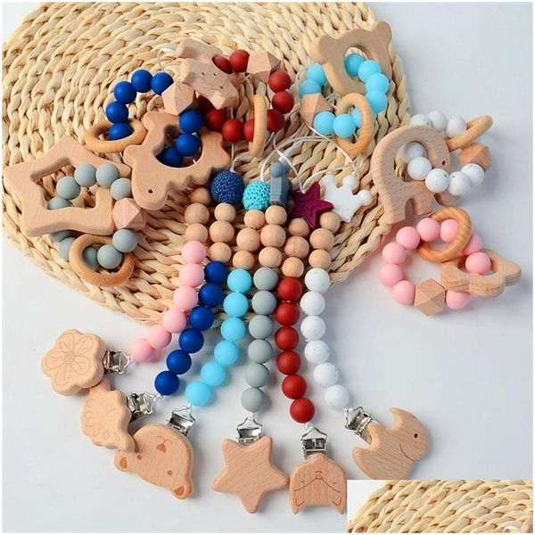 Clips para chupetes # Clip para bebés Mordedor de madera Sile Beads Pulsera Niño pequeño Animal Dinosaurio Estrella Flor Elefante Clip para pezones Dhtdc