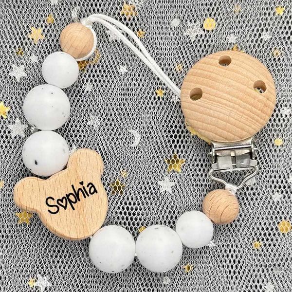 Supports de sucette Clips # bébé nom personnalisé en silicone perle en bois d'anneau de sucette clip silicone de la tête de la tête de la tête de dents de dents de puits