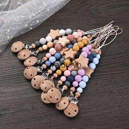 Clips des supports de sucette # Baby Pacificier Chain Clips Wood Pentagram Teether Silicone Round Perles Chaîne de dentition pour bébé Care Soother Chew Toys Douche GifturyB