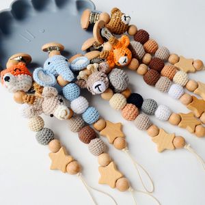 Fopspeenhouders Clips # Cartoon Bunny Chain Clip Hout Gehaakte Beer Tandjes Baby Bijtring Fopspeen Houder geboren Kauwspeelgoed Clips 230914