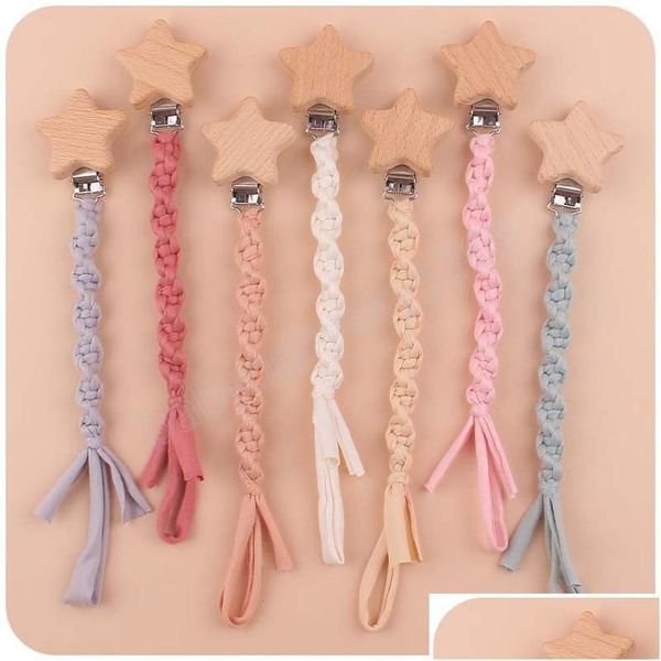 Soportes de chupete Clips Clip Cadena Titular Beech Star Madera Mordedor Juguete para bebé Chew Rattles Recién nacido Accesorios de enfermería Drop Entrega DH5UP