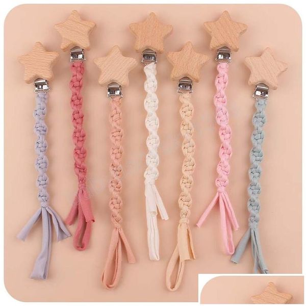 Titulares de chupete Clips Clip Cadena Titular Haya Estrella Mordedor de madera Juguete para bebé Chew Rattles Recién nacido Accesorios de enfermería Drop Entrega Dhnvd