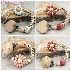 Pacifier Holders Clips# Aangepaste naam Siliconen kralen houten ring veilig kinderziektes babytheether ecofvriendelijke dummy beukhouder 230421