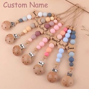 Pacifier Holders Clips# Custom Name Wooden Personalized Baby Chain Silicone Bead Dummy Nipple Holder Guard Teether Pendant born Gift Stuff 231122