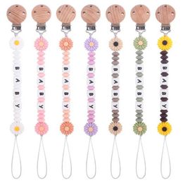 Pacifier Holders Clips# Gepersonaliseerde babynaam Round Wood Flower Silicone Bead Pacifier -ketting voor Tandheelkundige zorg Toys Handmade Dummy Stand D240521