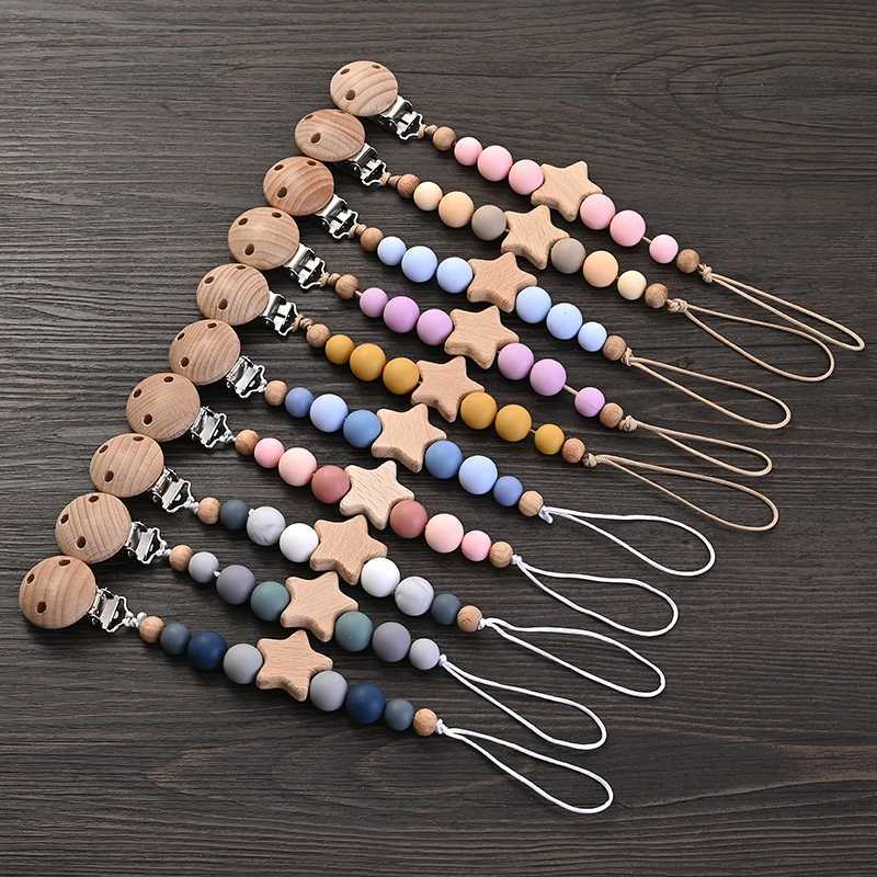 PACIFIERS# BABY PACIFIER CHAIN ​​CLIPS WOOD PENTAGRAM TEETER SILICONE RUND Pärlor Temeing Chain For Baby Care Soother Chew Toys Dusch Giftl2403