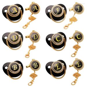 Pacifiers Black Luxury Pacifier Chain Clips With Lid Name Initial Letter Silicone Nipple Holder Personalized Born Baby Shower