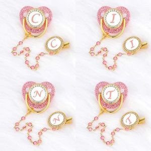 Pacifications # Nom Initial Baby Pacificier Chain Clips Pink Crystal Nouveau-né les sucettes personnalisées Pacifications Silicone Poudons de douche bébé