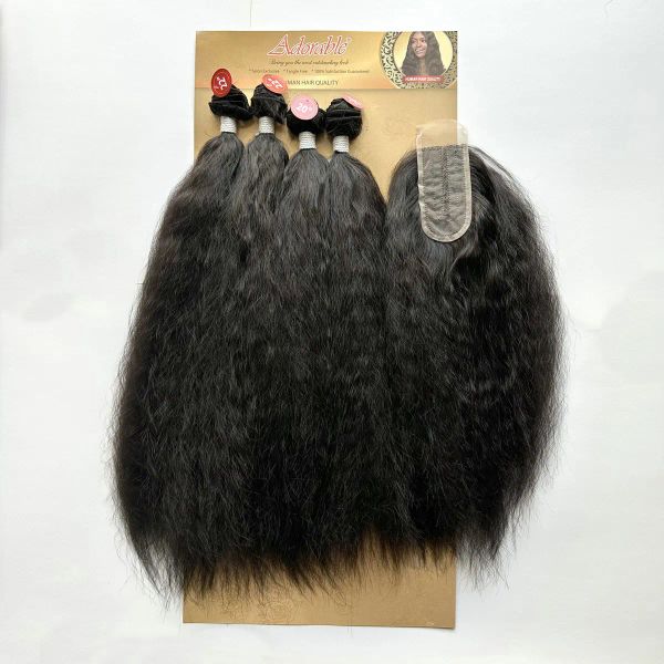 Paquete Adorable Afro Kinky Straight One Pack Solution, Paquetes de cabello sintético en paquetes con cierre de encaje con parte de 2 * 4 T Paquete COZY WAVY 4PCS
